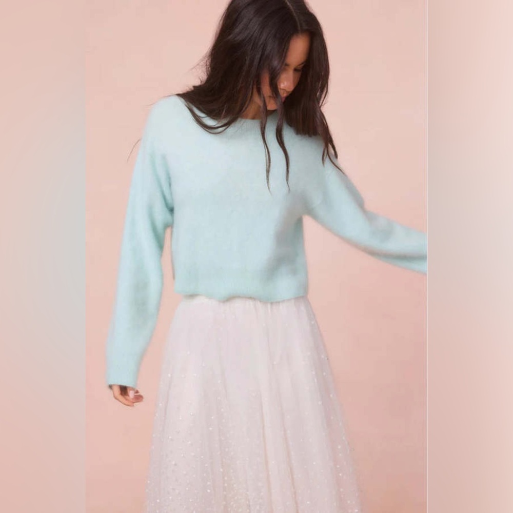 LoveShackFancy Bellman Cropped Cashmere Pullover, Mint Gelato, Bell Sleeves, XS